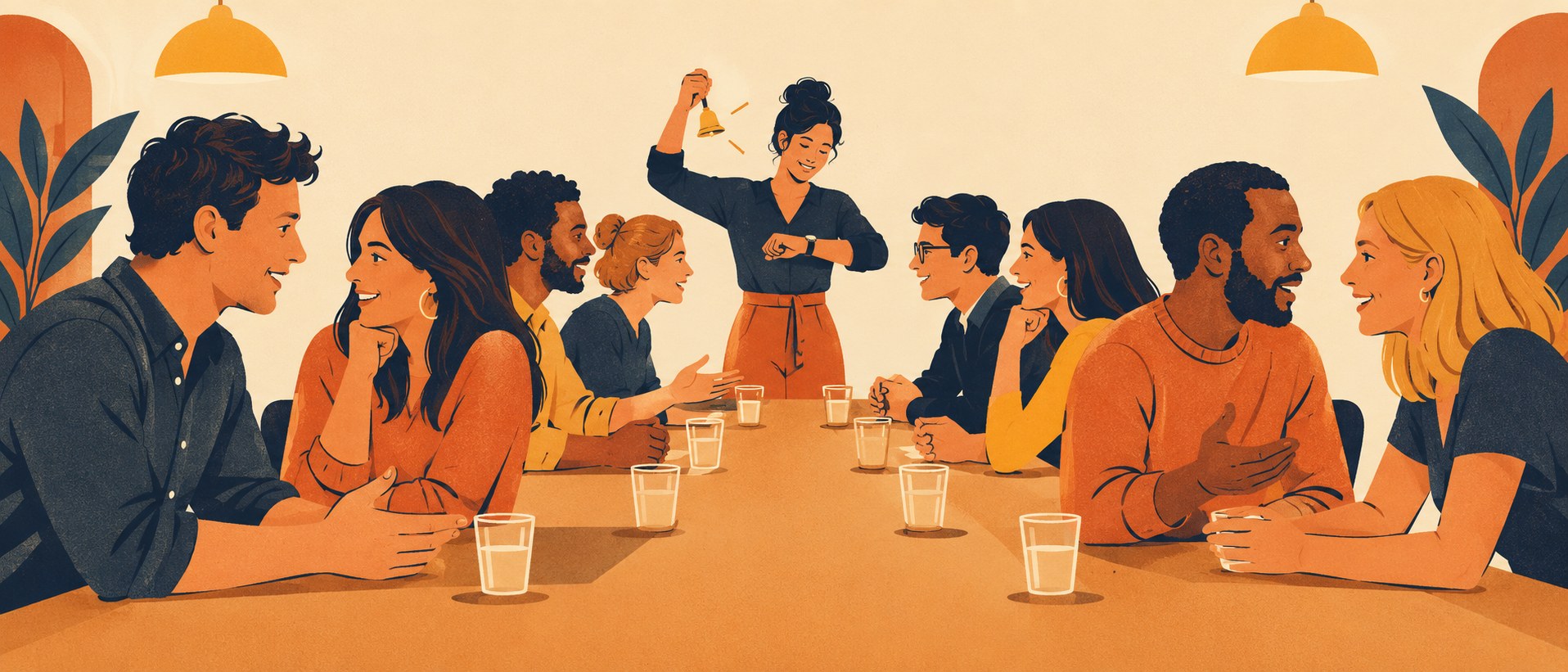 Illustration of two rows of people mid-conversation across a long table, with a facilitator ringing a bell to signal a rotation